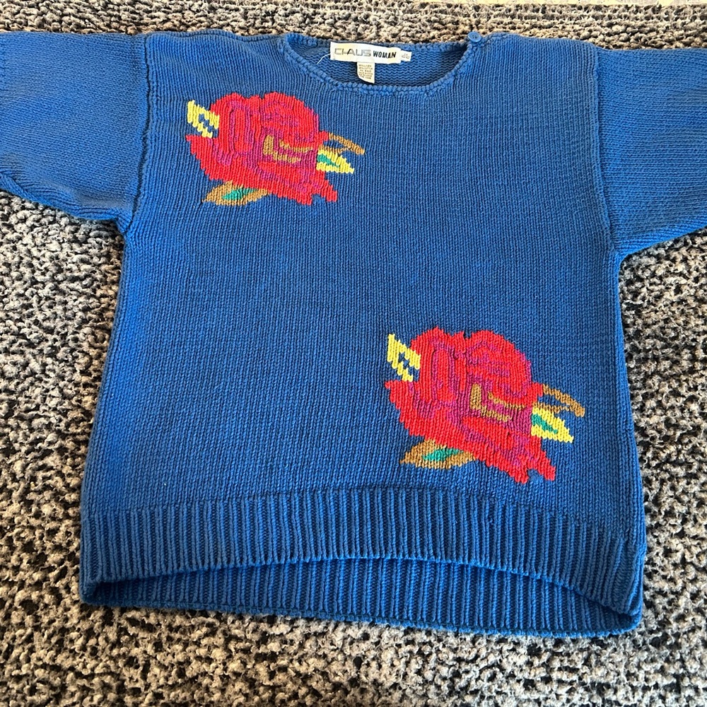 Vintage 80s blue Sweater with Red Rose Design